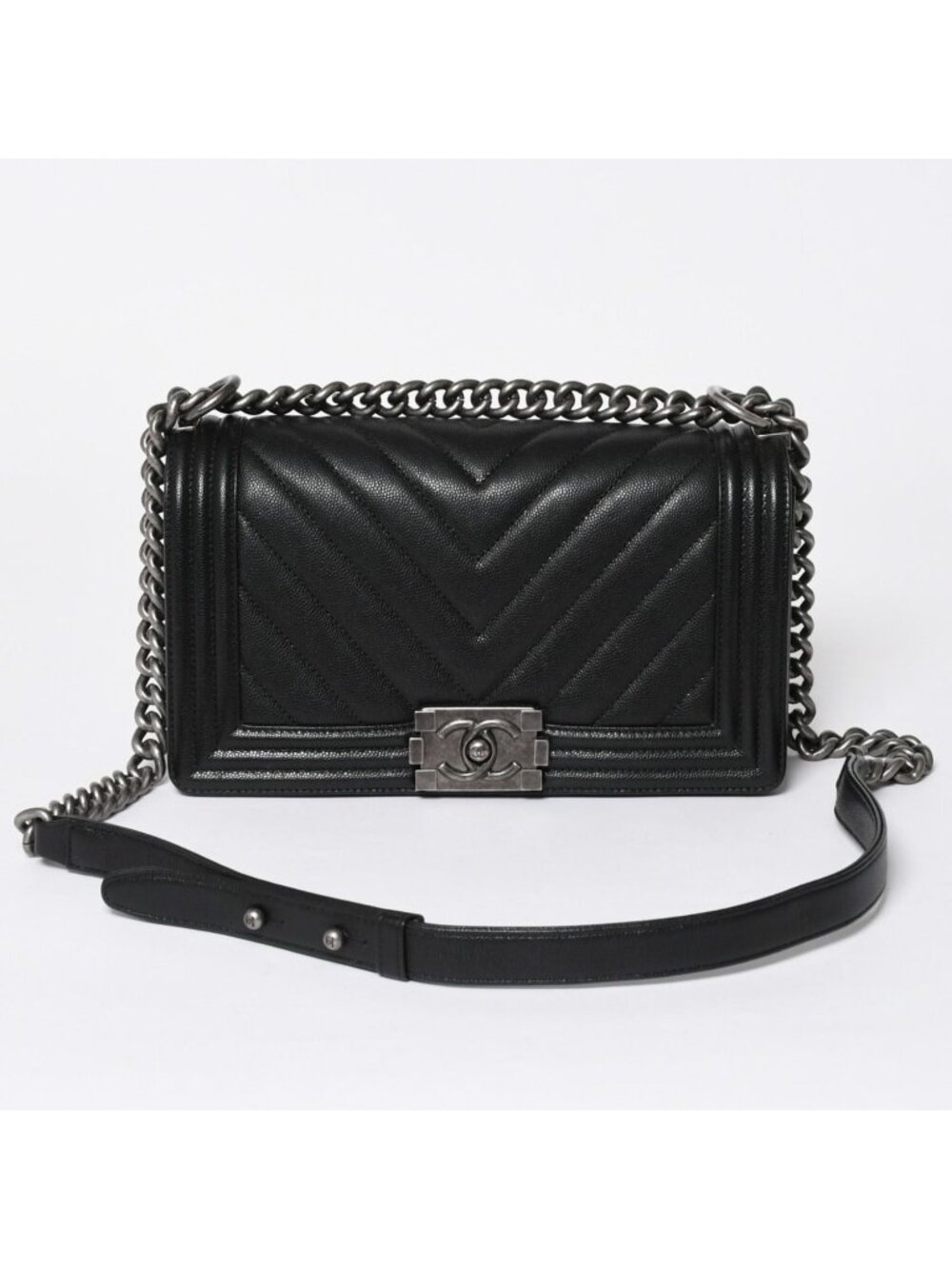 Chanel Boy Chain Shoulder Bag Chevron V-stitch CC Logo Black